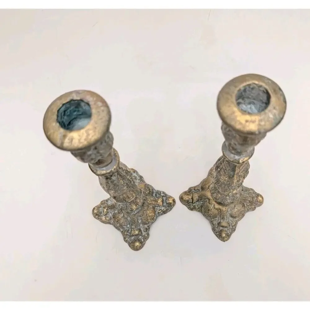 Baroque Rococo Candlestick Candle Holder Pair Brass Verdigris 8.5